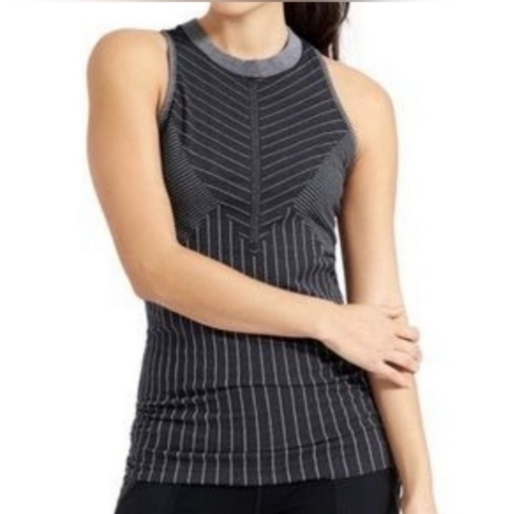 ATHLETA Sojourn Racerback Crew Neck Stretch Striped Tank Top Gray Black